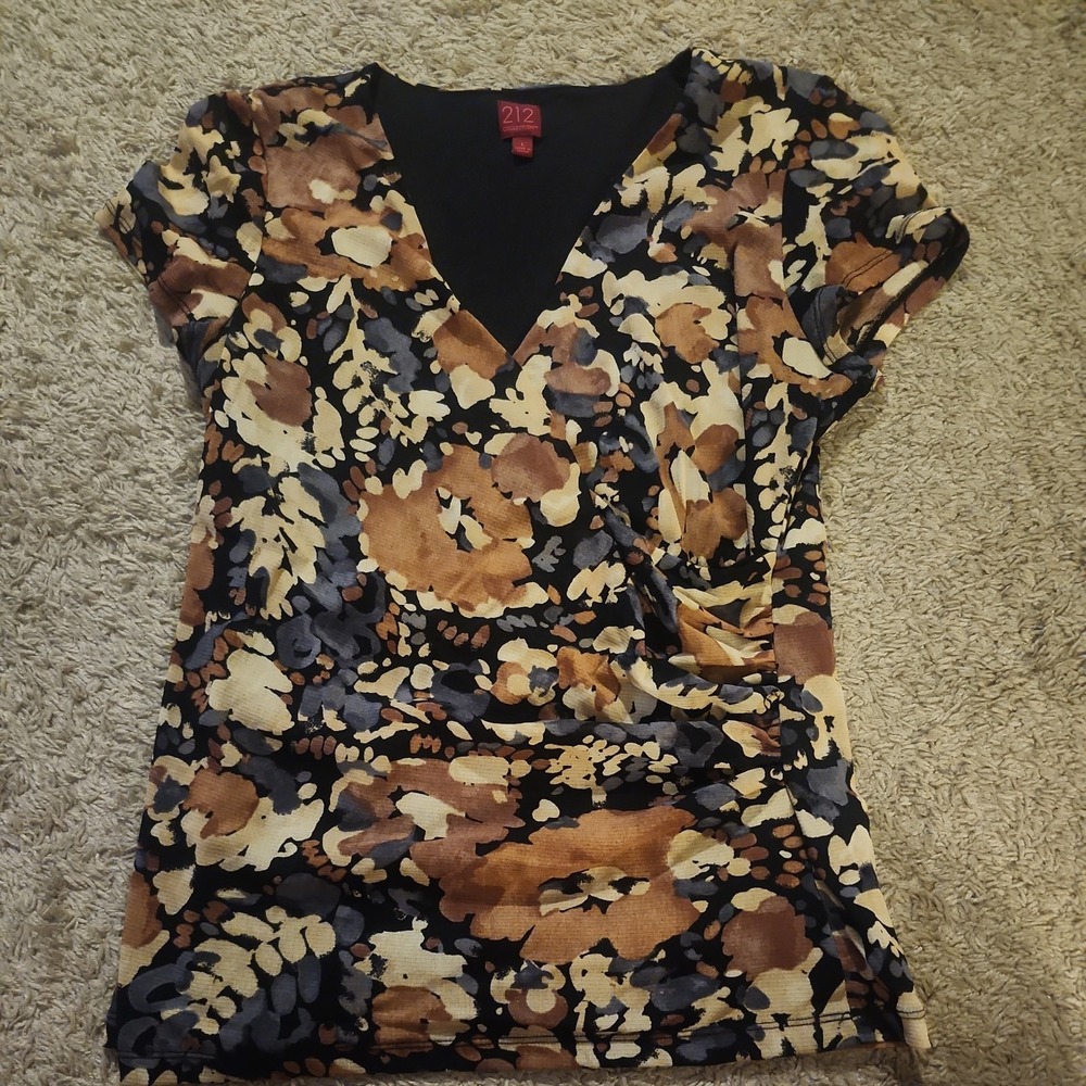 212  collection womens large short sleeve v-neck top fully lined, floral browns